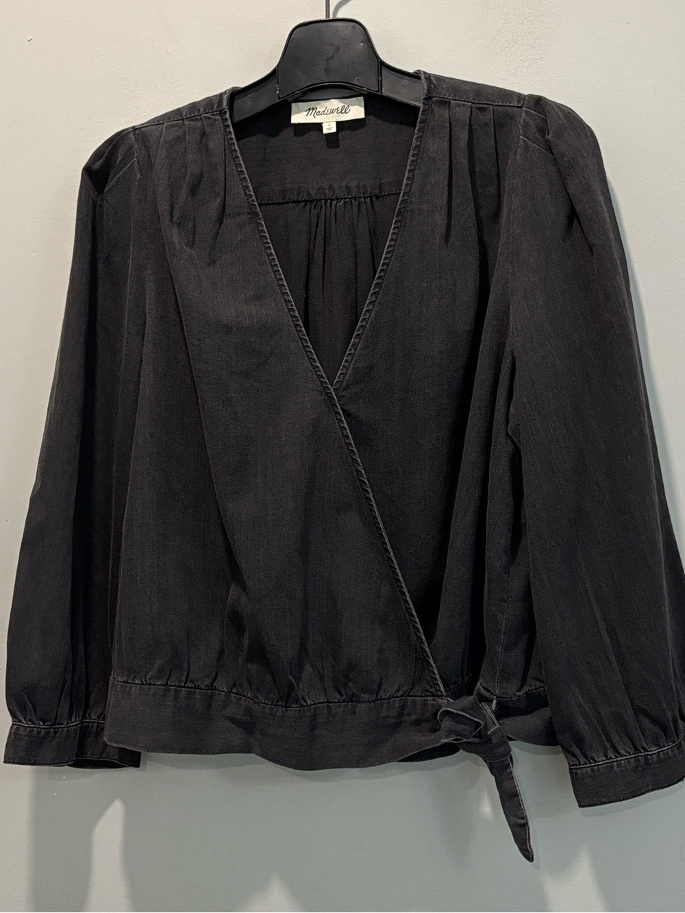 Madewell Black Denim Wrap Tie Front Blouse Puff Sleeve Size L - Picture 12 of 15